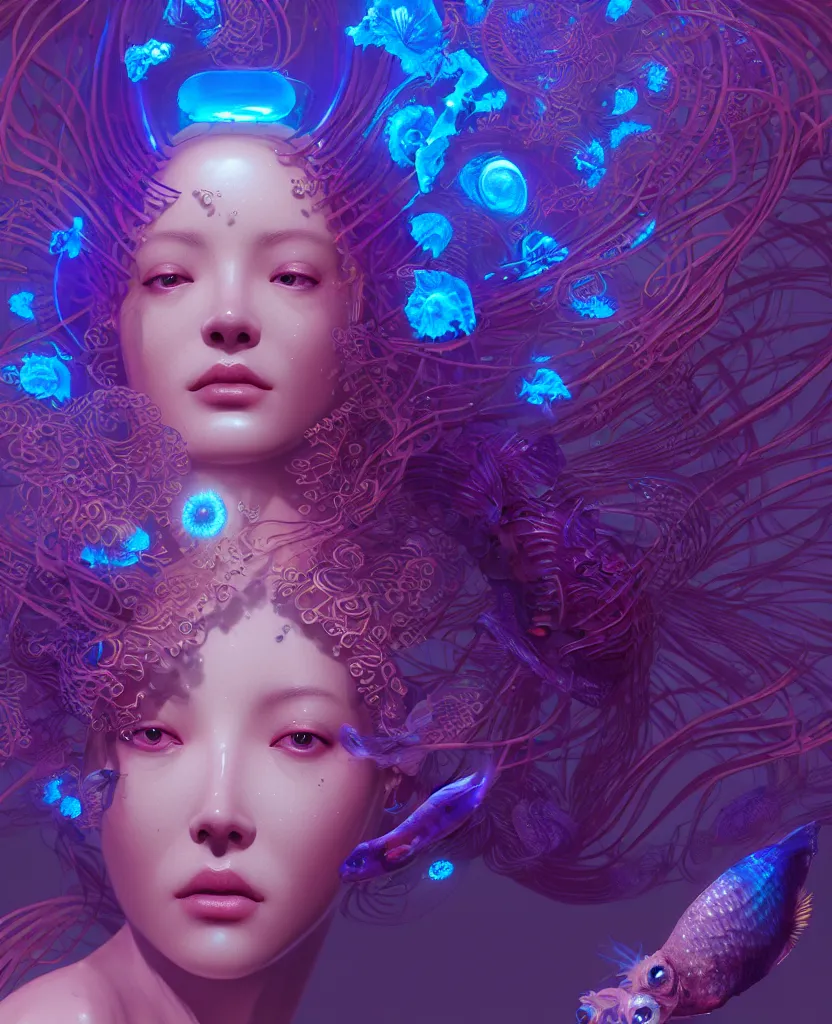 Image similar to goddess close-up portrait. orchid jellyfish phoenix head, nautilus, skull, betta fish, bioluminiscent creatures, intricate artwork by Tooth Wu and wlop and beeple. octane render, trending on artstation, greg rutkowski very coherent symmetrical artwork. cinematic, hyper realism, high detail, octane render, 8k