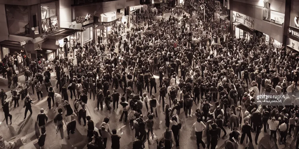 Prompt: crowd of crazy people attacking a crowd of cops in front of stores in lo angeles, photorealism, professional lighting, lighting from streetlights, photo with japanese chill style, conceptual art