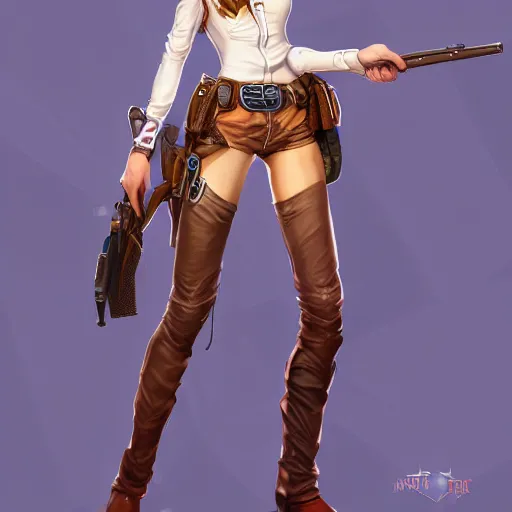 Image similar to full body, female cowgirl, perfect face, long rifle, 8 k, magic the gathering, d & d, artstation