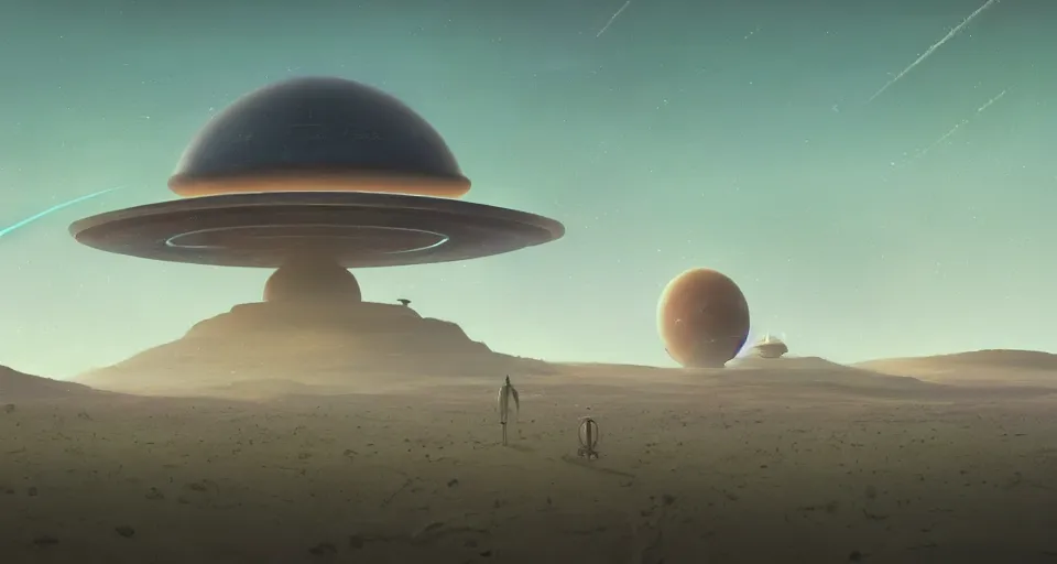 Image similar to A very beautiful serene Martian landscape scene with a GIANT MECHA UFO flying saucer looming in the distance, Translucent rendered by simon stålenhag, rendered by Beeple, Makoto Shinkai, syd meade, environment concept, digital art, starwars, unreal engine, 3 point perspective, WLOP, trending on artstation, low level, 4K UHD image, octane render,