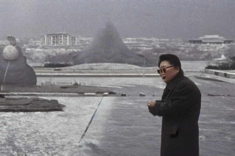 Image similar to a filmstill of Kim Jong-il looking at Starro Kaiju monster destroying Pyongyang, in Stalker (1979) by Andreï Tarkovski, traditional Korean city, palace, epic ultrawide shot, cinémascope