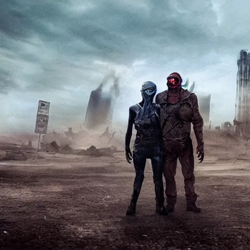 Prompt: a very huge, very big masked mutant man standing next to a very small blonde woman, they are staring at the horizon where there are the ruins of a city, postapocalyptic, mad max style, award winning photograph, over the shoulder, back, behind