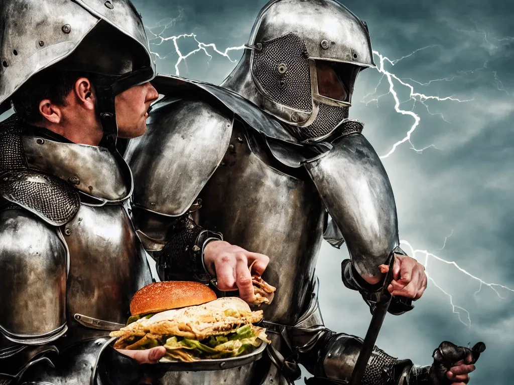 Prompt: A medieval knight fighting with a lady who stole his hamburger, 50 mm lens photo portrait, intricate, cinematic lightning, epic battle, epic composition