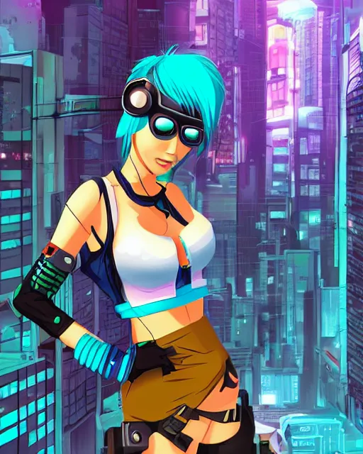 Image similar to cel shaded art of a pretty blue haired girl, jet grind radio graphics, cyberpunk city street background