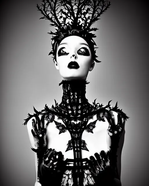 Prompt: surreal dark poetic black and white photo portrait of complex bio-mechanical beautiful young silver female vegetal-cyborg with a fur metal fine lace face, a very long neck and a fine metal floral foliage super big gothic lace collar and high big floral crown with many black dry roses by Vivienne Westwood:: smoke, high fashion, haute couture, rococo, avant-garde, dry black roses, silver filigree details, anatomical, facial muscles, cable wires, microchip, elegant, dreamy, foggy atmosphere, hyper realistic, 150 mm lens, soft rim light, octane render, unreal engine, picture was taken in 1910 by Man Ray, volumetric lighting, dramatic light,8k,