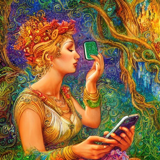 Prompt: a nature goddess checking her cell phone by josephine wall, high resolution