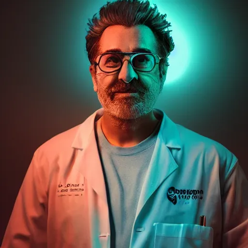 Image similar to portrait of rick sanchez, lab coat and tee shirt, lens flare, atmosphere, glow, detailed, intricate, full of colour, cinematic lighting, 4 k, hyperrealistic, focused, extreme details, cinematic, masterpiece