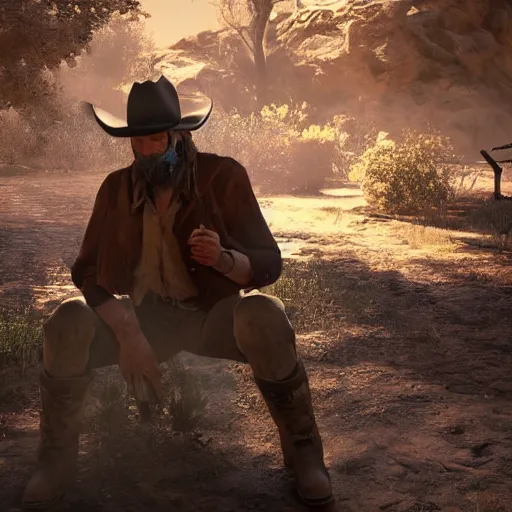 Image similar to a cowboy from the old west sit on the ground sobbing and crying with a small hole and a broken shovel near a riverbend with desperation and frustration rendered in unreal engine highly detailed