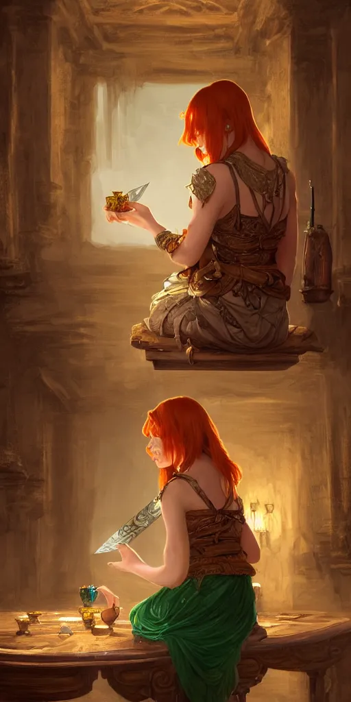 Image similar to ginger girl with problems, sitting and drinking in an ancien tavern and playing with a knife, magic the gathering, ancient, sand, emerald, intricate, highly detailed, digital painting, artstation, concept art, smooth, sharp focus, illustration, Unreal Engine 5, 8K, art by artgerm and greg rutkowski and alphonse mucha