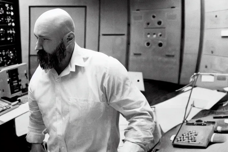 Prompt: movie heavyset bald man wearing a white shortsleeved shirt and blue jeans working in a nuclear silo control room by Roger Deakins