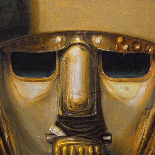 Prompt: a close up portrait painting of a Robot that shedding a tear in the style of Rembrandt