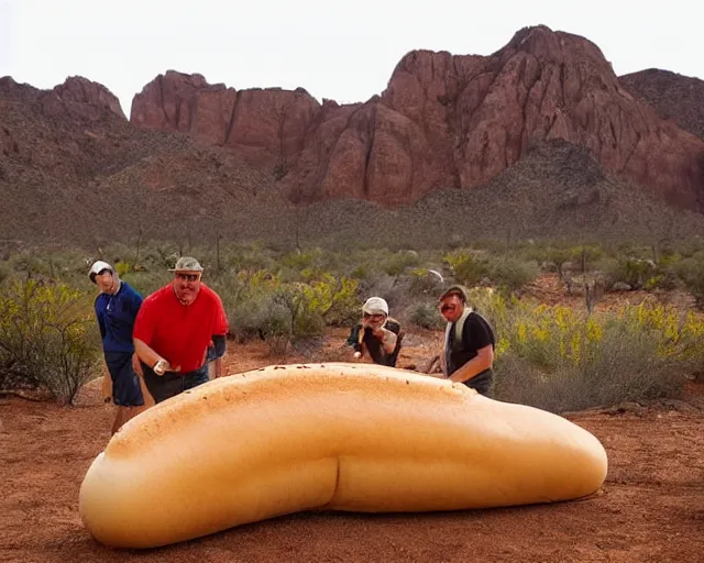 Image similar to archeologists finding a giant hot dog in the ground, amazing desert mountains, award winning photograph