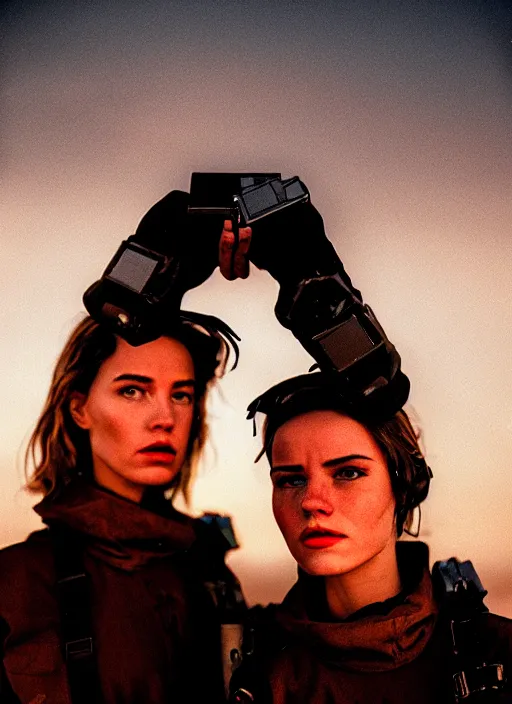 Prompt: cinestill 5 0 d photographic portrait of two sultry loving female androids wearing rugged black techwear on a desolate plain with a red sky, extreme closeup, cyberpunk style, garters, dust storm, 8 k, hd, high resolution, 3 5 mm, f / 3 2, ultra realistic faces, ex machina