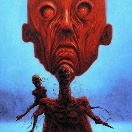 Prompt: Painting in a style of Beksinski featuring a giant alien crying. Pain and suffering in the background