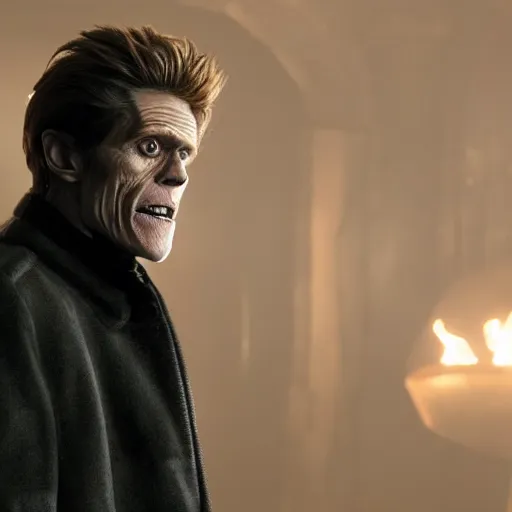 Image similar to willem dafoe as an evil pixar villain with dark coat 4k