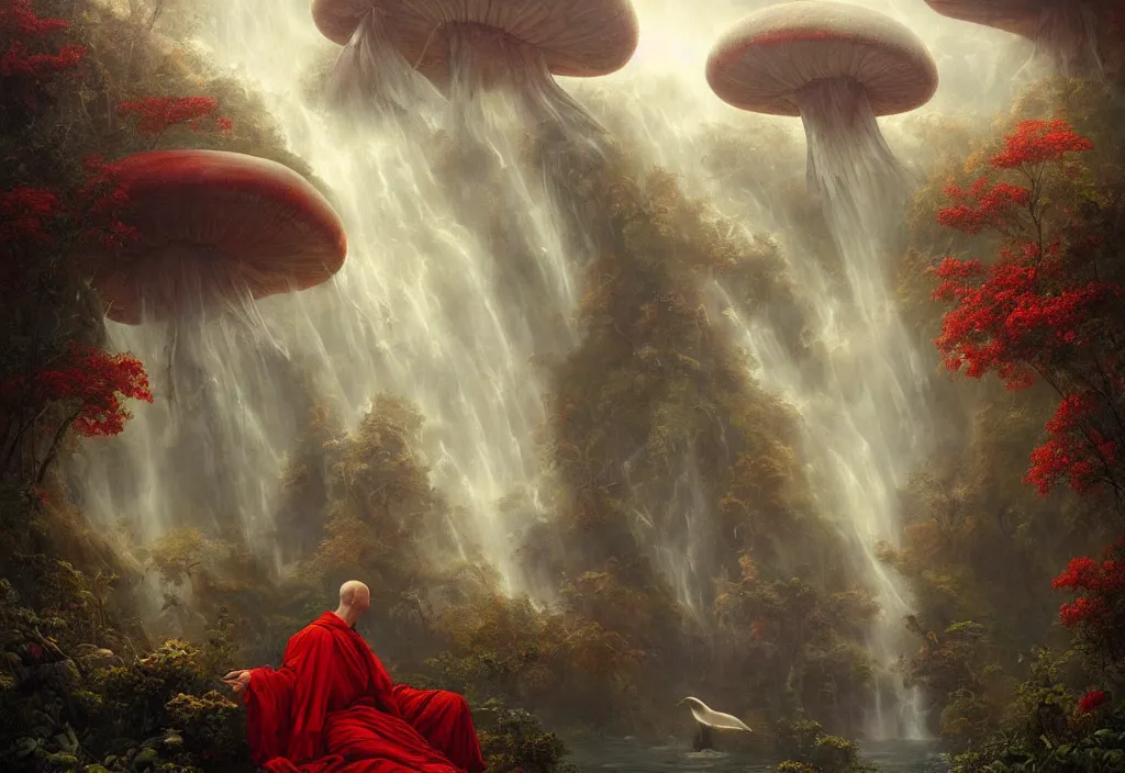 Image similar to floating lands in-clouds, foggy, volumetric fog, flying whales, sun beams, blooming, bird flocks!!, giant mushrooms, waterfalls, monks in red robes; by Tom Bagshaw, Ivan Shishkin, Hans Thoma, Asher Brown Durand