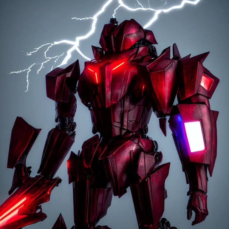 Image similar to hyper detailed 8 k cg cinematic still, rendering with volumetric lightning and ray tracing, crimson skinny full body armored core, weathering armor plating, endoekeleton exposure