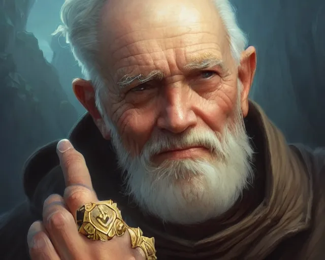 Image similar to old man wearing a ring on each finger, deep focus, d & d, fantasy, intricate, elegant, highly detailed, digital painting, artstation, concept art, matte, sharp focus, illustration, hearthstone, art by artgerm and greg rutkowski and alphonse mucha