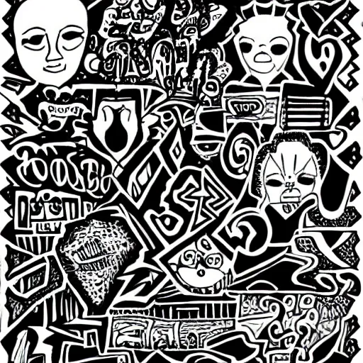 Image similar to black and white composition of a variety of doodles, drawings, faces, symbols, cartoons, lineart, cave drawing, silhouette, tattoo, chinese ink brush