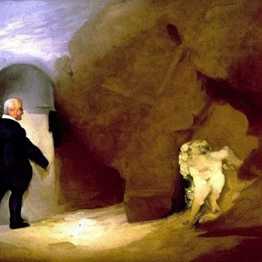 Image similar to president biden emerging from an underground white house, francisco goya oil painting