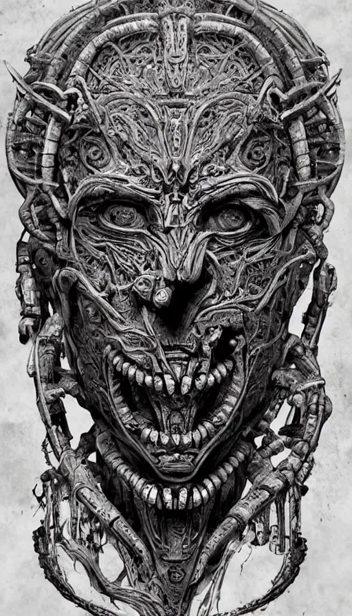 Prompt: ancient biomechanical hybrid aztec fantasy human demon face mask tattoo pattern concept, teonanacatl glyph, intricate artwork by, Johnatan Wayshak, Zdizslaw Beksinski, Artgerm, H.R. Giger, very coherent artwork, cinematic, hyper realism, high detail, octane render, unreal engine, 8k, High contrast, higly detailed black ink outline, crosshatch sketch gradient