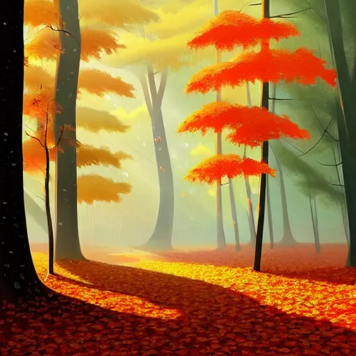 Prompt: goro fujita ilustration an autumn forest with tall trees, the ground full of leaves, the light rays reach the ground, the rain falls creating drops all over the forest., painting by goro fujita, sharp focus, highly detailed, artstation