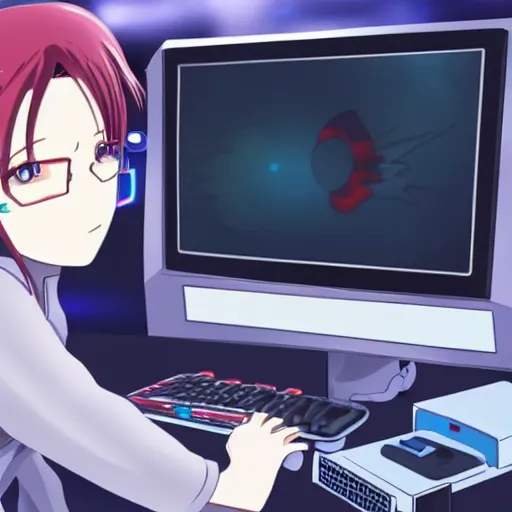 Image similar to friendly anime hacker working at computer