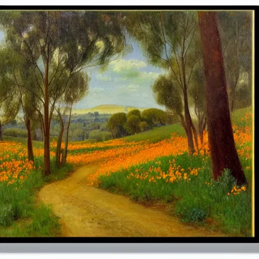 Image similar to a painting of a dirt road surrounded by eucalyptus trees and california golden poppies, woodland hill in the distance. an oil painting by Julian Onderdonk, green orange violet triadic color palette, featured on deviantart, australian tonalism, pre-raphaelite, impressionism, detailed painting