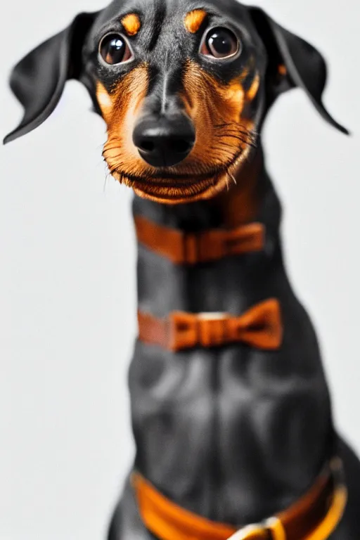 Prompt: Photo of a dachshund with Ron Swanson moustache, portrait, 3/4 view, Refined, Detailed professional photo, 50mm lens, Canon eos, blurry distant background, Highly Detailed, Cinematic Lighting, 8k