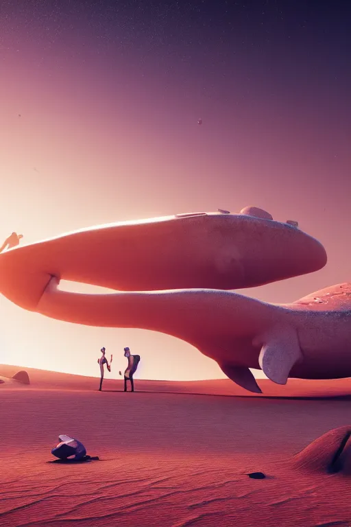 Image similar to 🐋🤖🦕👽🐳 in desert, photography by bussiere rutkowski andreas roch, octane render, 1 6 k