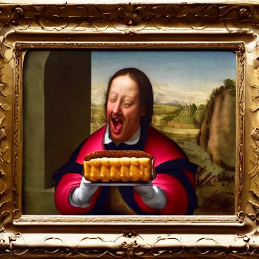 Prompt: A man eating a twinkie bar in the style of a renaissance painting