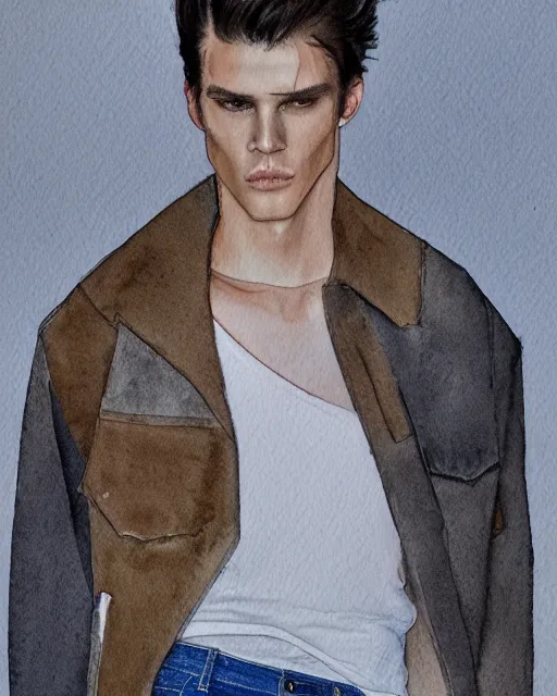 Prompt: rough watercolor sketch of a male model wearing a cropped baggy menswear moto jacket by alexander mcqueen, 4 k, astonishing detail, studio lighting, wide angle lens