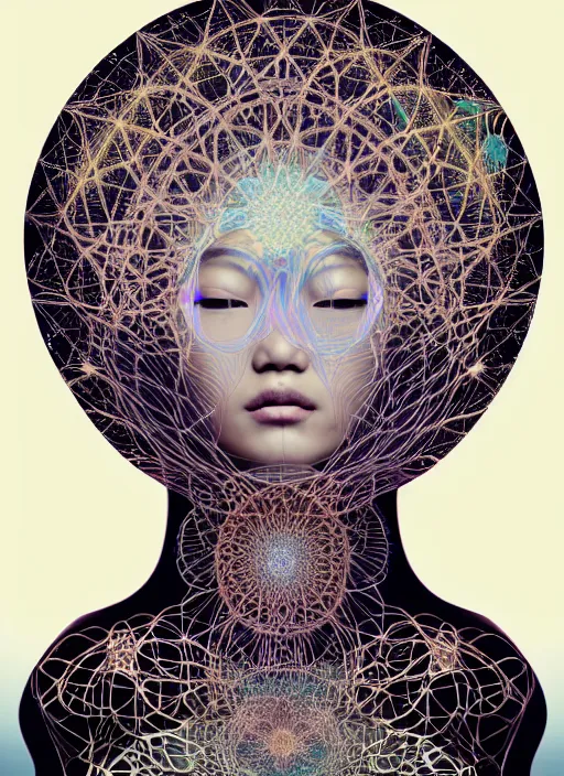 Prompt: ridiculously beautiful young asian woman tripping, sacred geometry fractals radiating from head, cosmic, natural, awakening, symmetrical, in the style of ernst haeckel, effervescent, warm, photo realistic, epic and cinematic