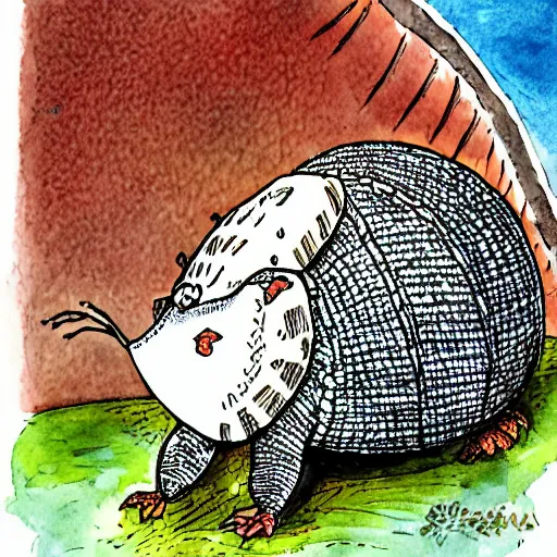 Image similar to armadillo reading the bible children's storybook illustration, ink and watercolor