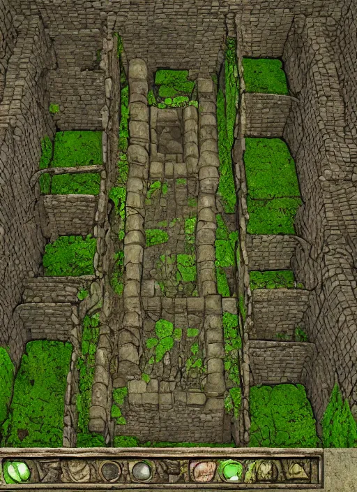 Image similar to An ancient forgotten dungeon, moss, torches, hallway, detailed, art