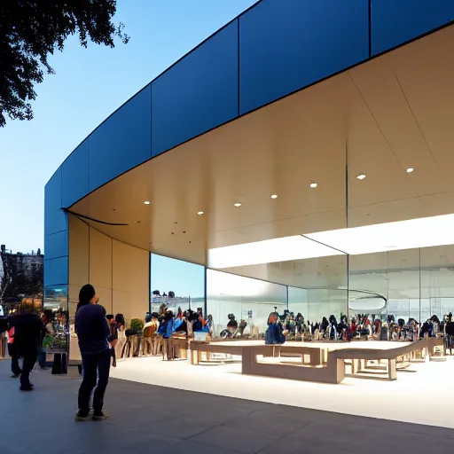 Prompt: marketing photo of an Apple store designed by Saha Hadid,