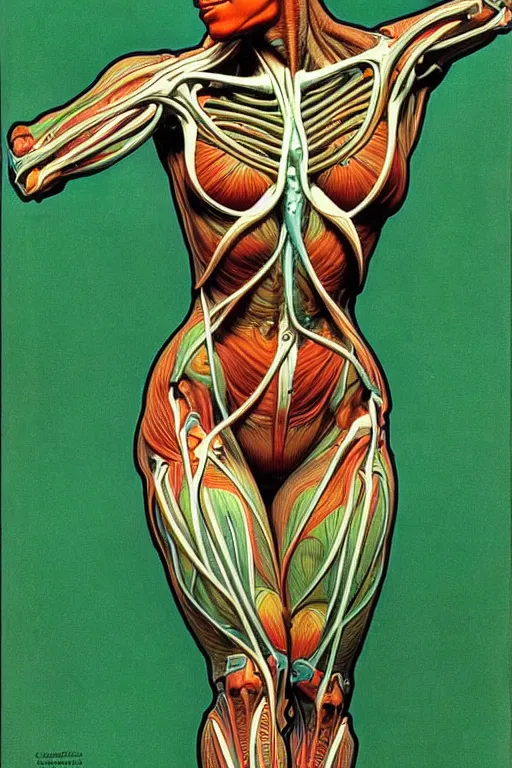 Image similar to extremely psychedelic anatomically accurate model of the ful cyborgl human muscular system infected by night, full body, intricate parts, fine details, hyper - realistic, elegant minimalism. sharp focus. lush color by seichen, alphonse mucha, surreal