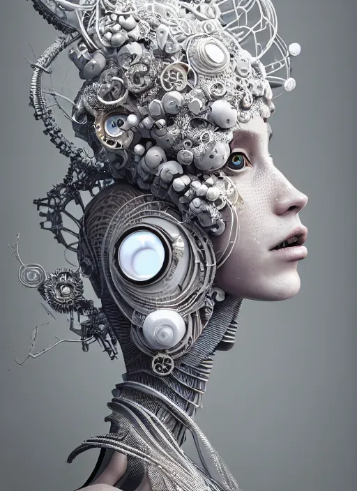 Image similar to portrait of an absurdly beautiful, graceful, sophisticated, fashionable cyberpunk mechanoid, hyperdetailed illustration by irakli nadar and vania zouravliov, matt wisniewski style, intricate linework, white porcelain skin, faberge, tropical fish headdress, unreal engine 5 highly rendered, global illumination, radiant light, detailed and intricate environment