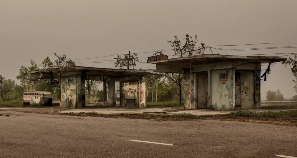 Prompt: Old abandoned gas stations on the side of the road to nowhere, evil, demonic, enchanting, misty, haze, cloudy, angelic, flowers, nature, environment concept, cinematic, cgsociety, dim and dark lighting, cinematic, intricate details, 8k detail post processing, hyperealistic, photo realism, by Edward Hopper