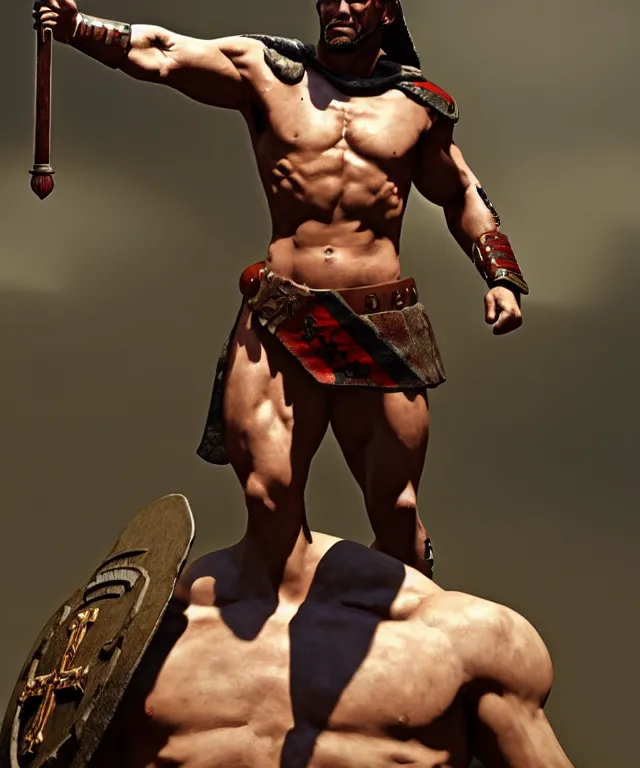 Image similar to muscular roman soldier with a white cross in the chest by simon bisley, dale keown and greg rutkowski, vivid color scheme, unreal engine 5