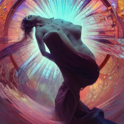 Image similar to The soul detaching from the body, in the universe, highly detailed, digital painting, artstation, concept art, sharp focus, cinematic lighting, illustration, art by artgerm and greg rutkowski, alphonse mucha, cgsociety