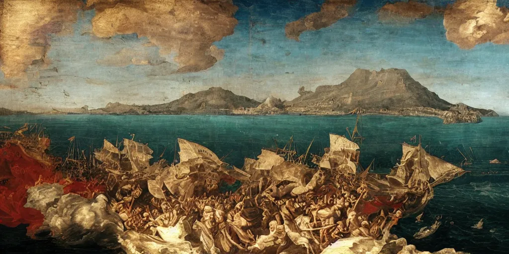 Prompt: tilt shift, gulf of Naples, Pompeian, naval battle, italian masterpiece, sky in background, wind rose, Ashford Black Marble, sculpture, baroque, draped with red Hibiscus and vines and spines, marble and hint gold, stars, puffy clouds, suns, moons, drapes, dead fruits, Obsidian, pomegranade, armour, medieval globe, glass, portrait, mage, centaur, siren, lion, chariot, rabbit, snails, render, artstation, ultra detailed