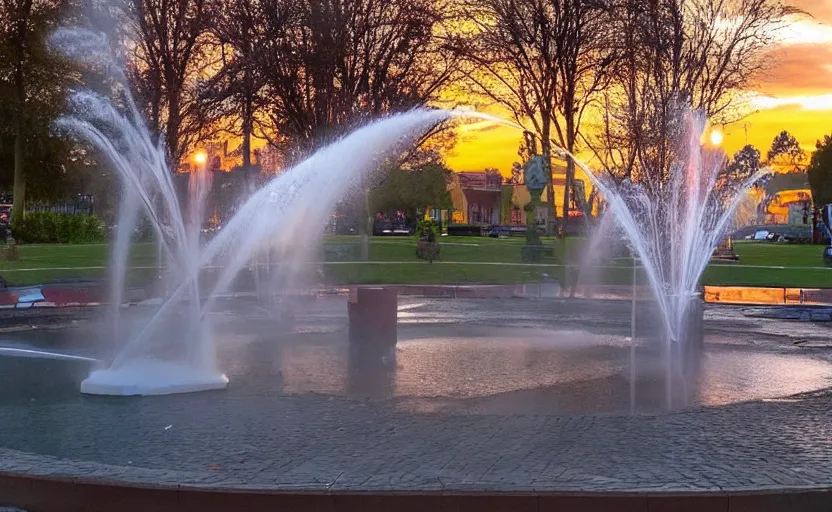 Image similar to a beautiful photo of a roundabout with a fountain shooting fire instead of water, sunset lighting, intricate detail, photorealistic