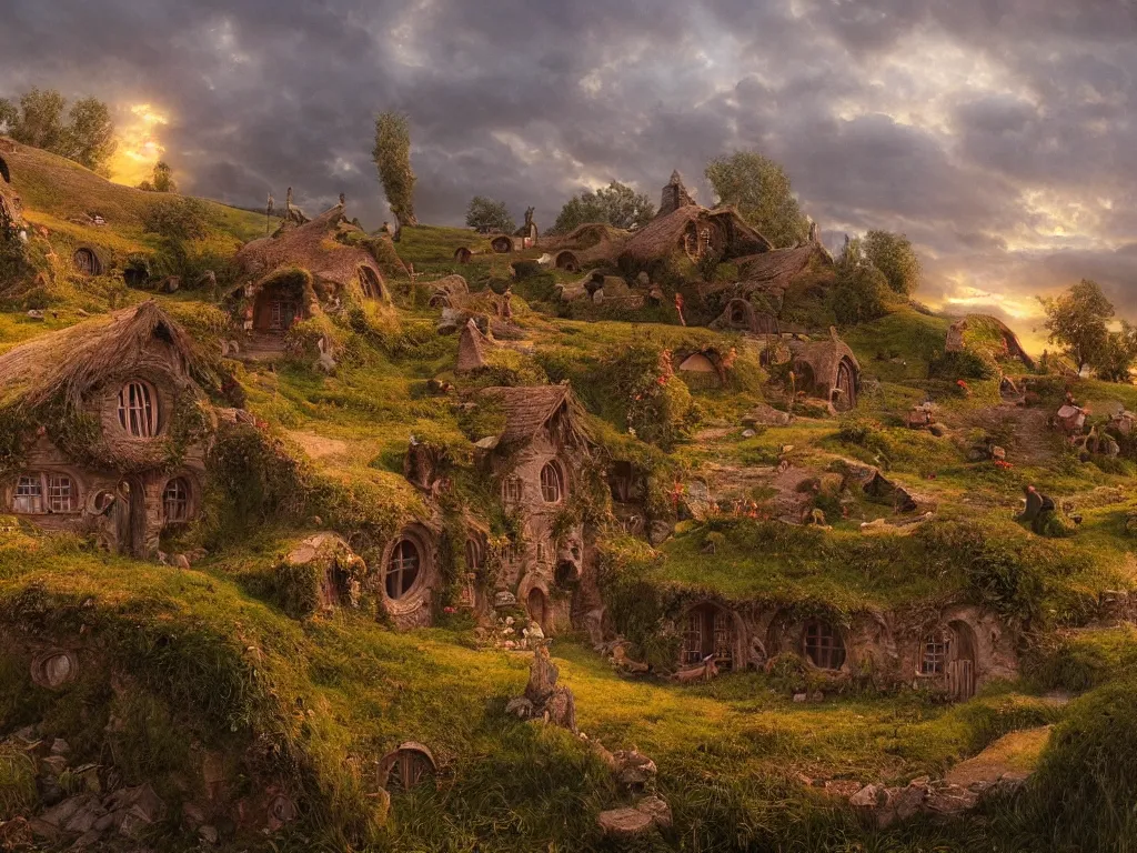 Image similar to Hobbiton in ruins, evening, detailed matte painting, cinematic, Alan Lee, Artstation