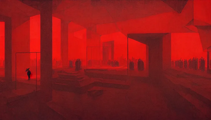 Image similar to only with red, soviet communism horror brutalist architecture apocalyptic, crowd cheering, in the style of beksinski and edward hopper and rodcenko and yue minjun and cory loftis, intricate and epic composition, red by caravaggio, highly detailed, masterpiece, red light, artstation, art nouveau