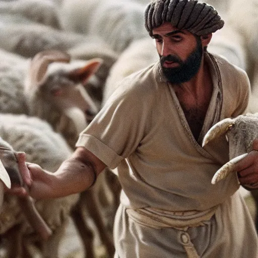 Image similar to cinematic Still of 30 year old Mediterranean skinned man in ancient Canaanite shepherd clothing, shepherding a flock of sheep, in a Biblical epic