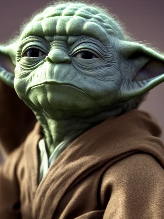 Image similar to 4K HD, high detail photograph, shot with Sigma f/ 4.2 , 250 mm sharp lens, shallow depth of field : (subject= Yoda + subject detail= accurate body features, consistent, high detailed light refraction , high level texture render)