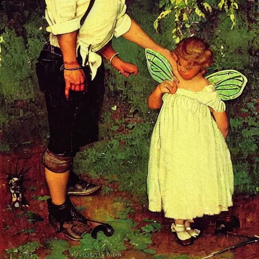 Image similar to A man and his little fairy friend. A painting by Norman Rockwell.