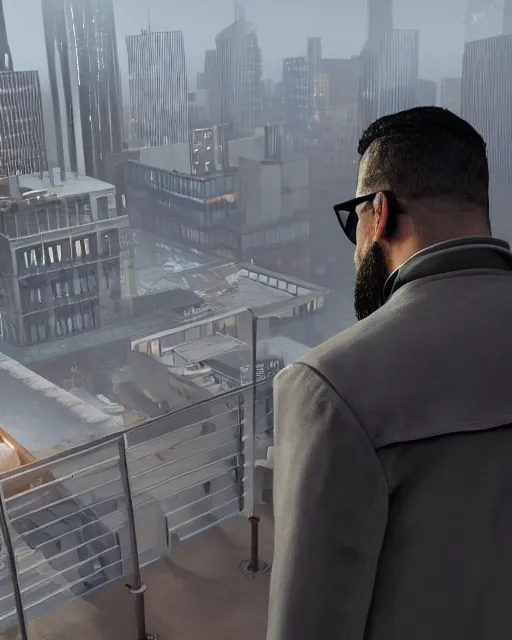 Image similar to a night rooftop scene, close up shot of a photorealistic gangster wearing a trench coat looking at the city below, unreal engine, hyper realism, realistic shading