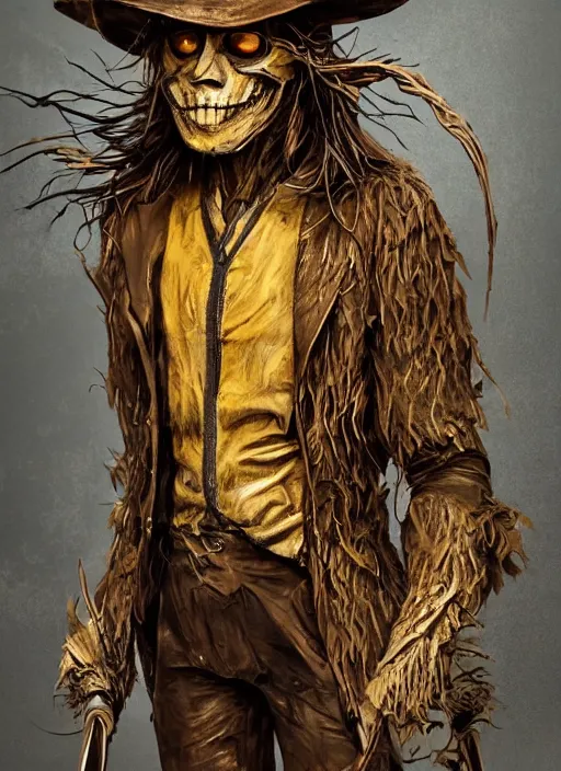 Prompt: powerful male scarecrow, willem dafoe as scarecrow, full body character concept, covered in full leather armor, art nouveau, super powers, fantasy, intricate, elegant, highly detailed, digital painting, artstation, concept art, shining, sharp focus, terrifying, horror, fear, scary, illustration, art by stanley lau
